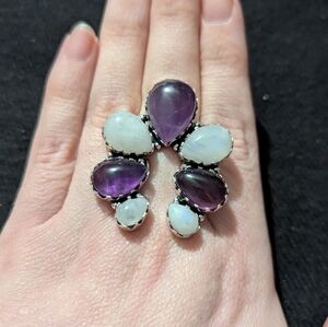 Silver Plated Purple Amethyst White Moonstone Gemstone Naja Statement Ring Sz 8